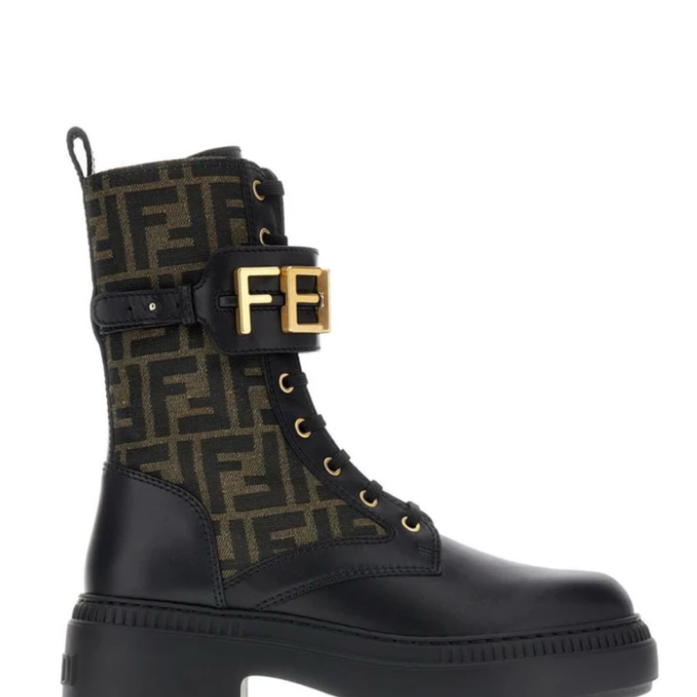 Fendi Black and Olive Logo Combat Boots with Gold Hardware